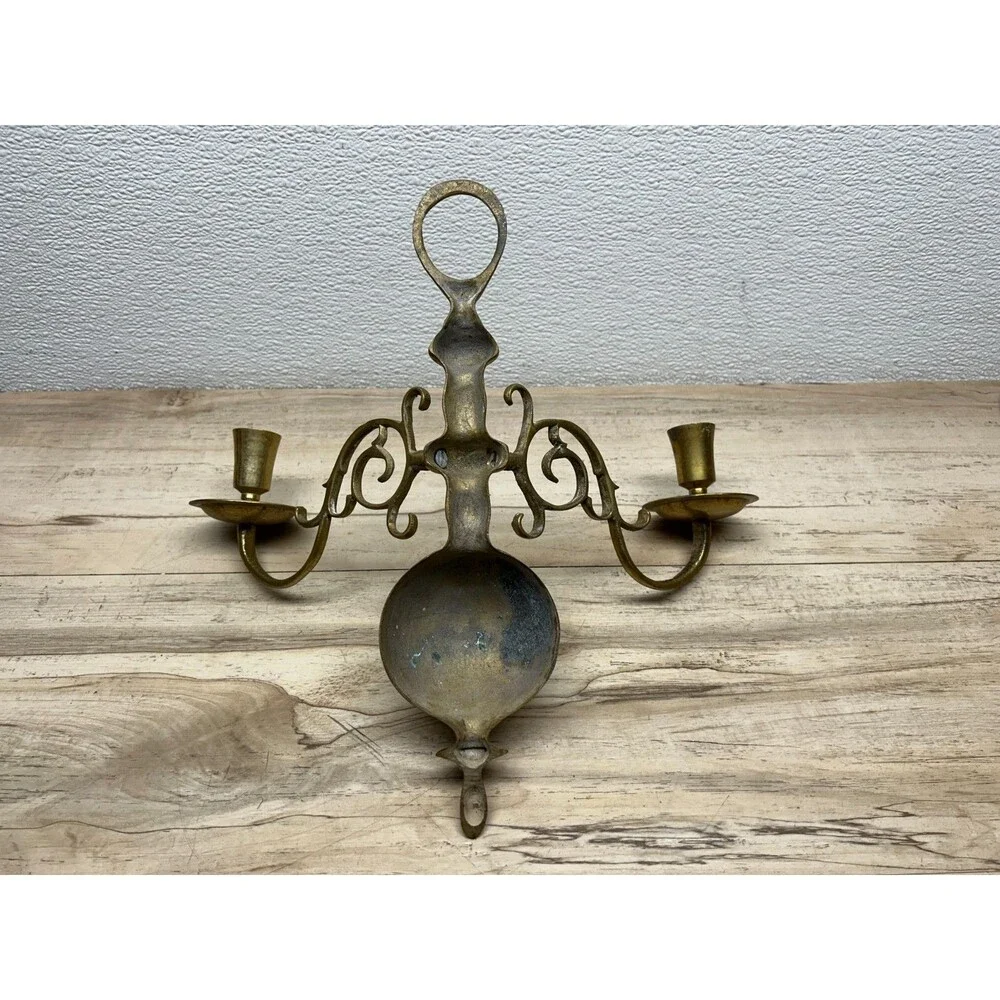 Vtg Solid Brass Double Arm Wall Sconse Candle Holder Dutch Colonial Style